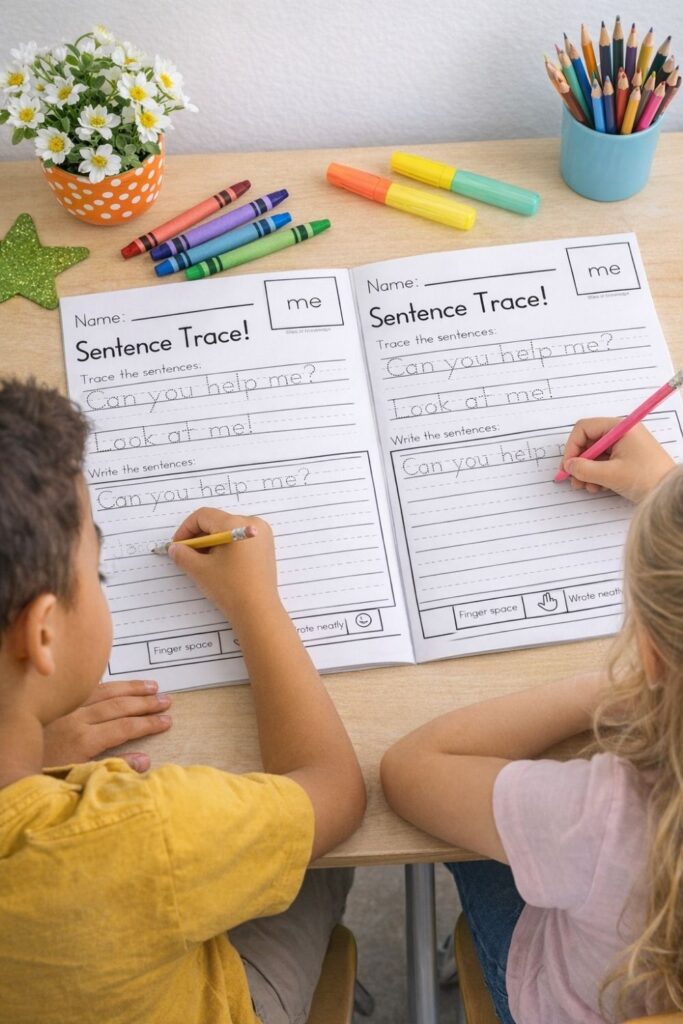 Sentence trace sight word worksheet example from how to teach sight words to struggling readers pdf with writing and reading practice