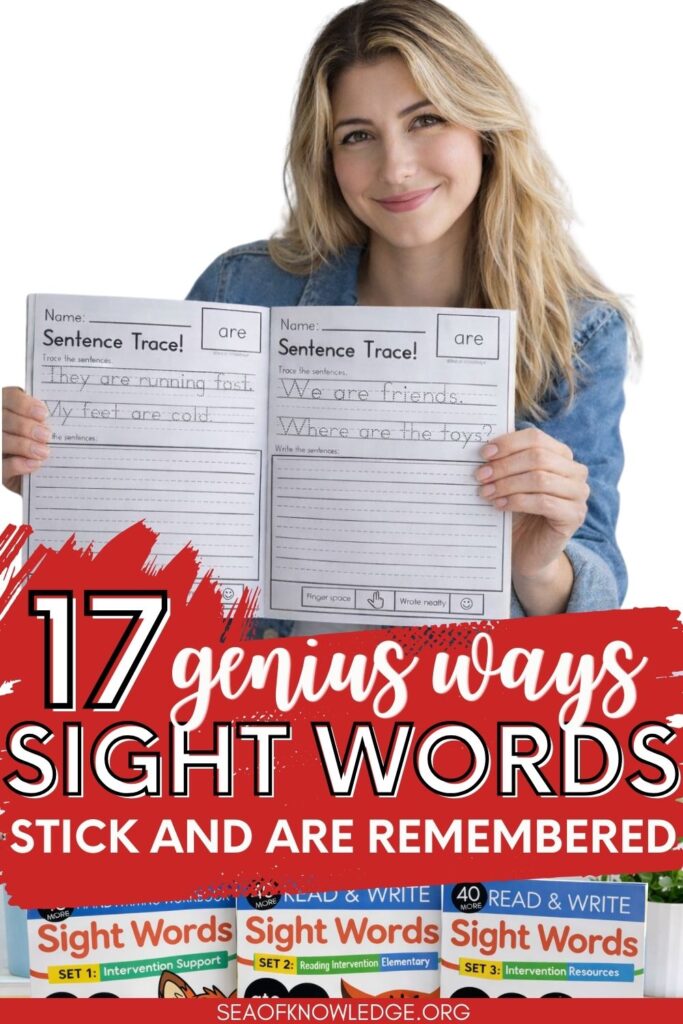 Sight word sentence tracing pages on student desk showing research based strategies for teaching sight words