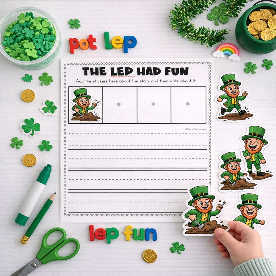 Short vowel CVC decodable book with leprechaun theme for St Patrickโs Day literacy centers.