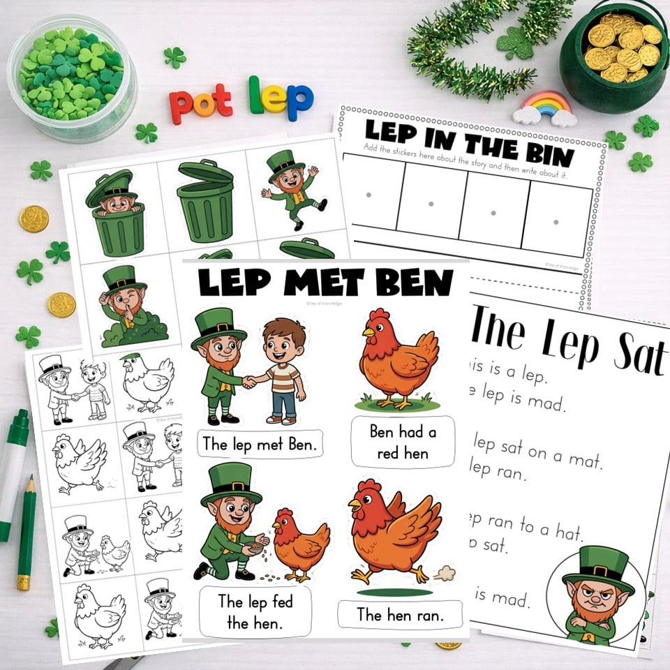 St Patrickโs Day CVC decodable reader featuring a leprechaun practicing short vowel words for kindergarten phonics.