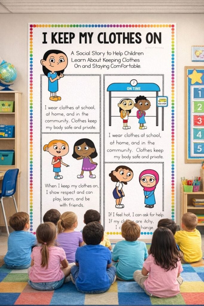 Mega classroom poster titled “I Keep My Clothes On” social skills story displayed on the wall while students sit facing it during circle time.