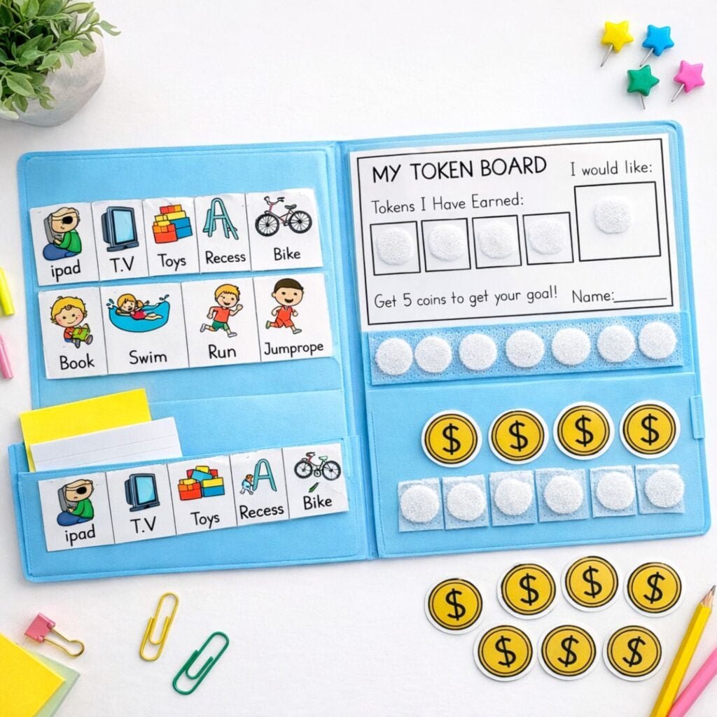 If you are using this keeping clothes on social skills story, I highly recommend pairing it with a simple token board. Kids do so much better when there is something visual and concrete they are working toward, especially when we are teaching a new boundary or replacement behavior.