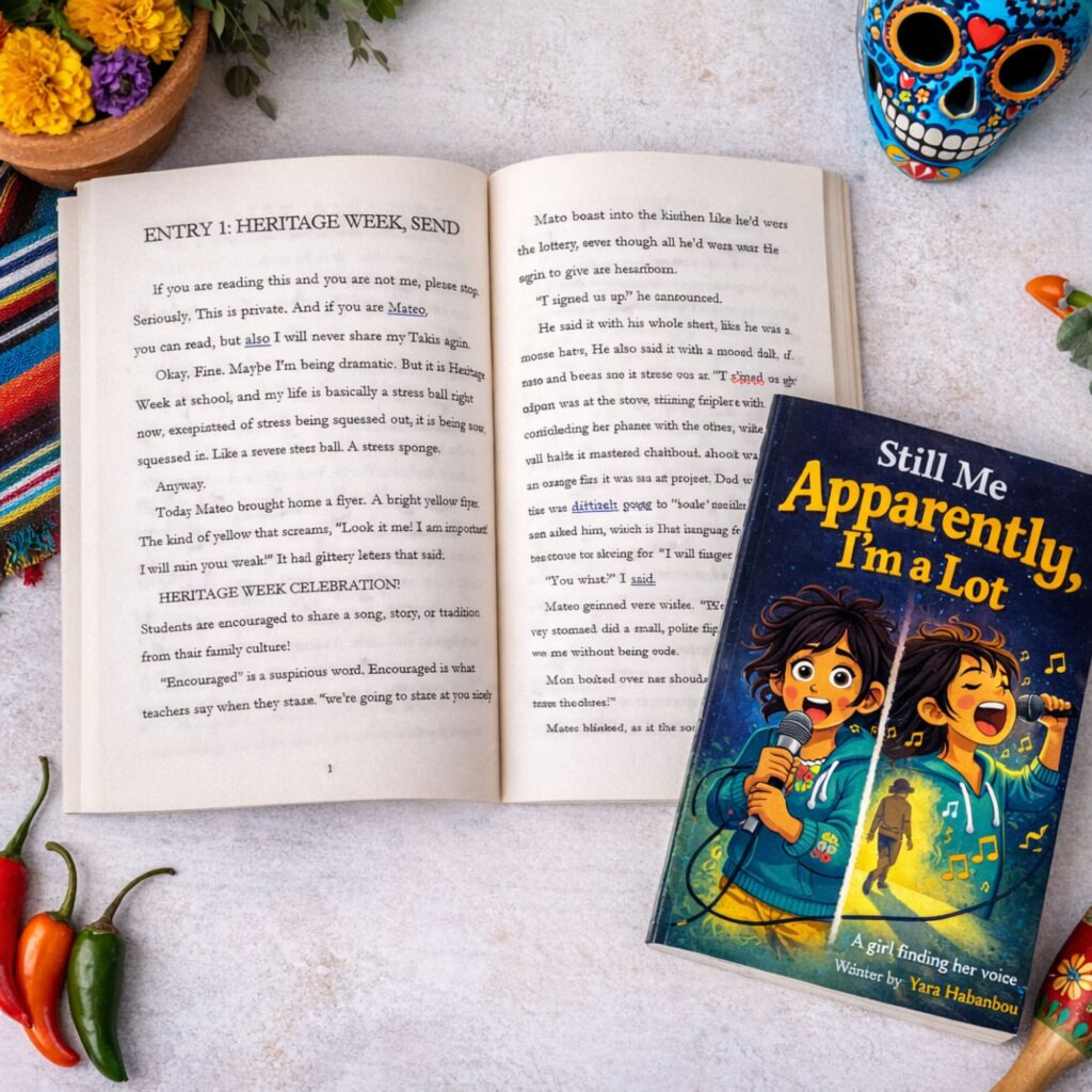 Open diary style middle grade book Still Me Apparently Im a Lot showing interior pages on white table with Mexican heritage decorations