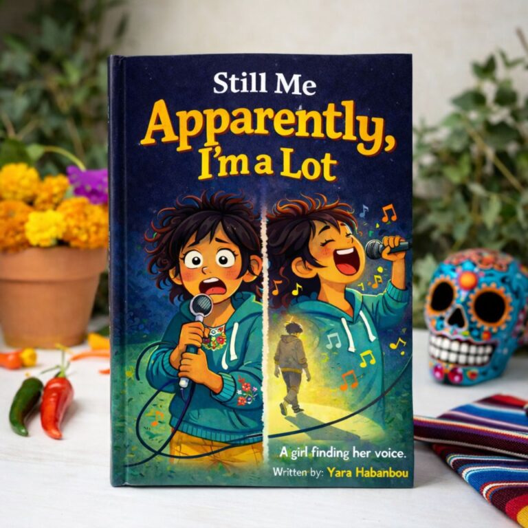 Paperback copy of Still Me Apparently Im a Lot beside open interior pages on white surface with Mexican inspired props