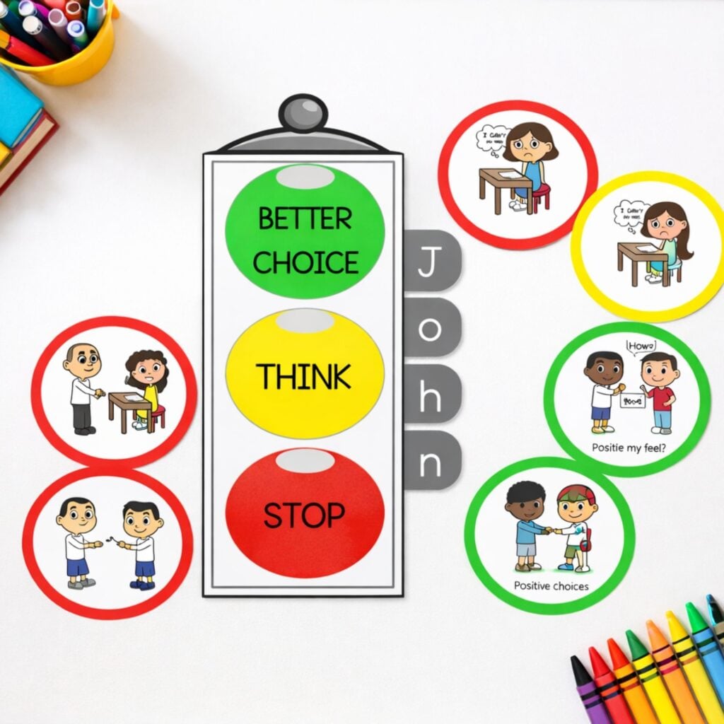 Student desk mockup showing a behavior think sheet used for classroom reflection