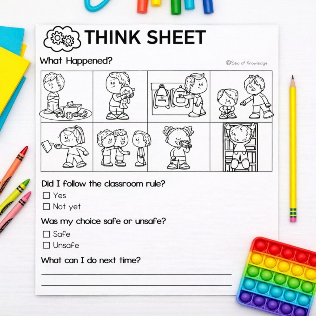 Feelings think sheet worksheet helping students identify emotions and reflect on behavior