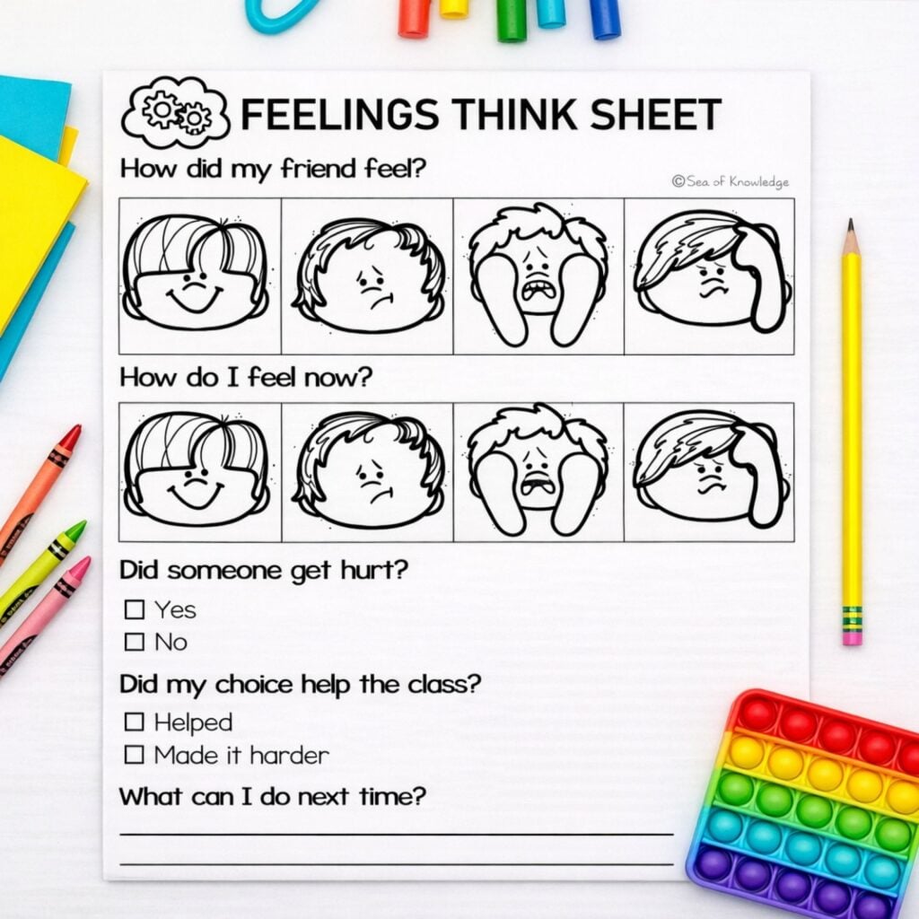 Student desk mockup showing a behavior think sheet used for classroom reflection