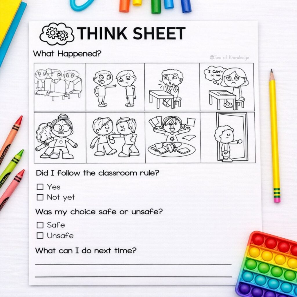 Classroom behavior think sheet activity used in calm down corners and behavior reflection time