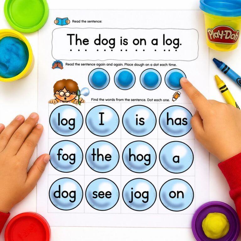 Free CVC short vowel decodable sentence worksheets for kindergarten. Includes printable PDF pages, fluency practice, and multi-sensory phonics activities using dot markers and play dough.