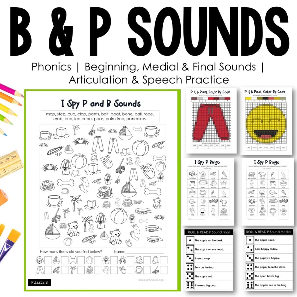 P and B I spy worksheet for speech therapy with students identifying beginning sounds