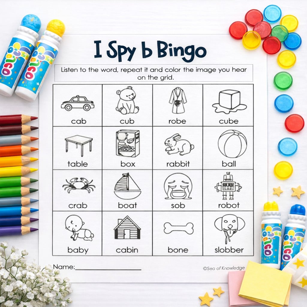 P and B phonics worksheet with picture search activity for articulation practice