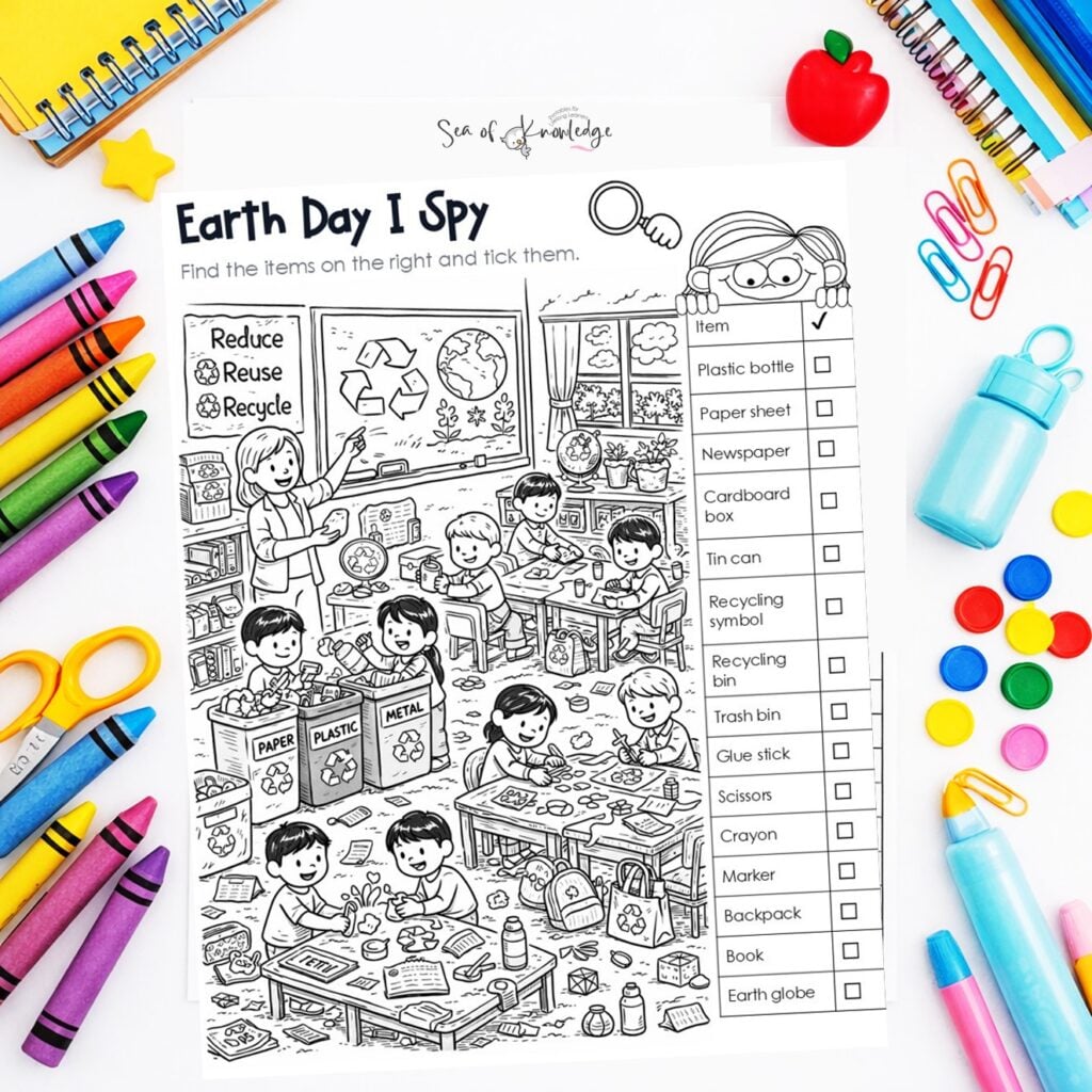 Earth Day I Spy worksheet printable with recycling theme on classroom desk mockup