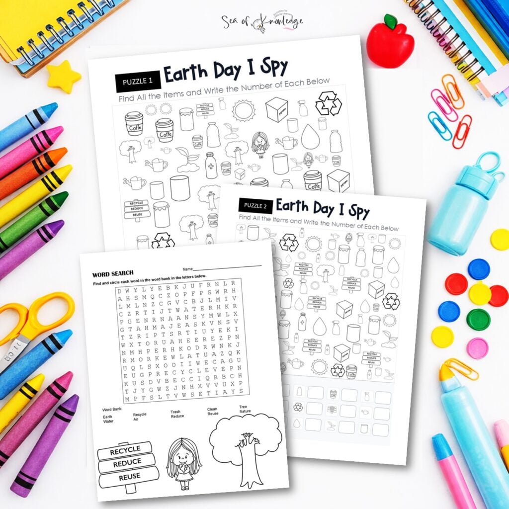 Earth Day brain teasers worksheet pack with I Spy, crossword, and word search on student desk