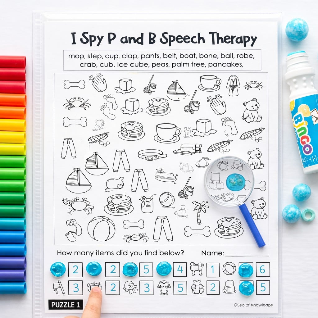 Printable p and b sound discrimination activity with visual search and counting task