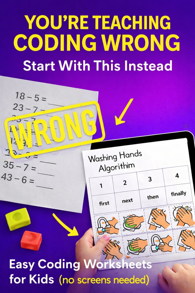 child using coding worksheet to learn sequencing and logic skills