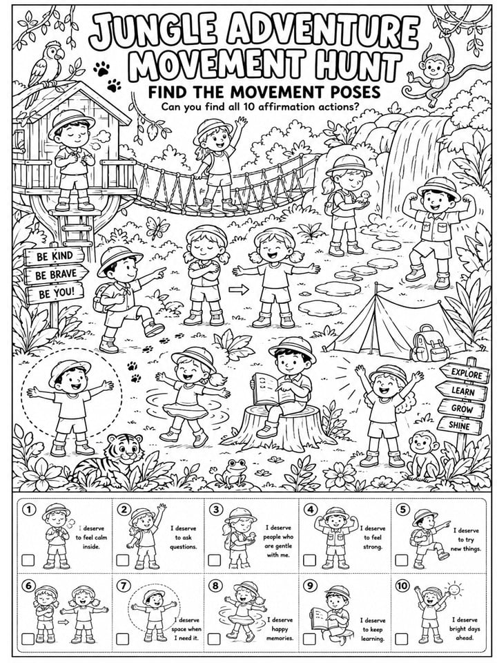 Grab these kids affirmation cards free printable pages featuring a kindness concert theme, SEL affirmations, colorful animal cards, and a fun I Spy coloring activity for emotional learning.