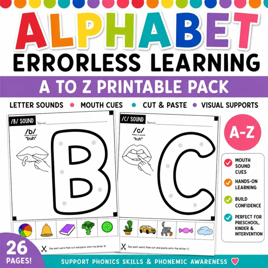 Printable phonics activity helping struggling learners practice letter sounds with visual supports