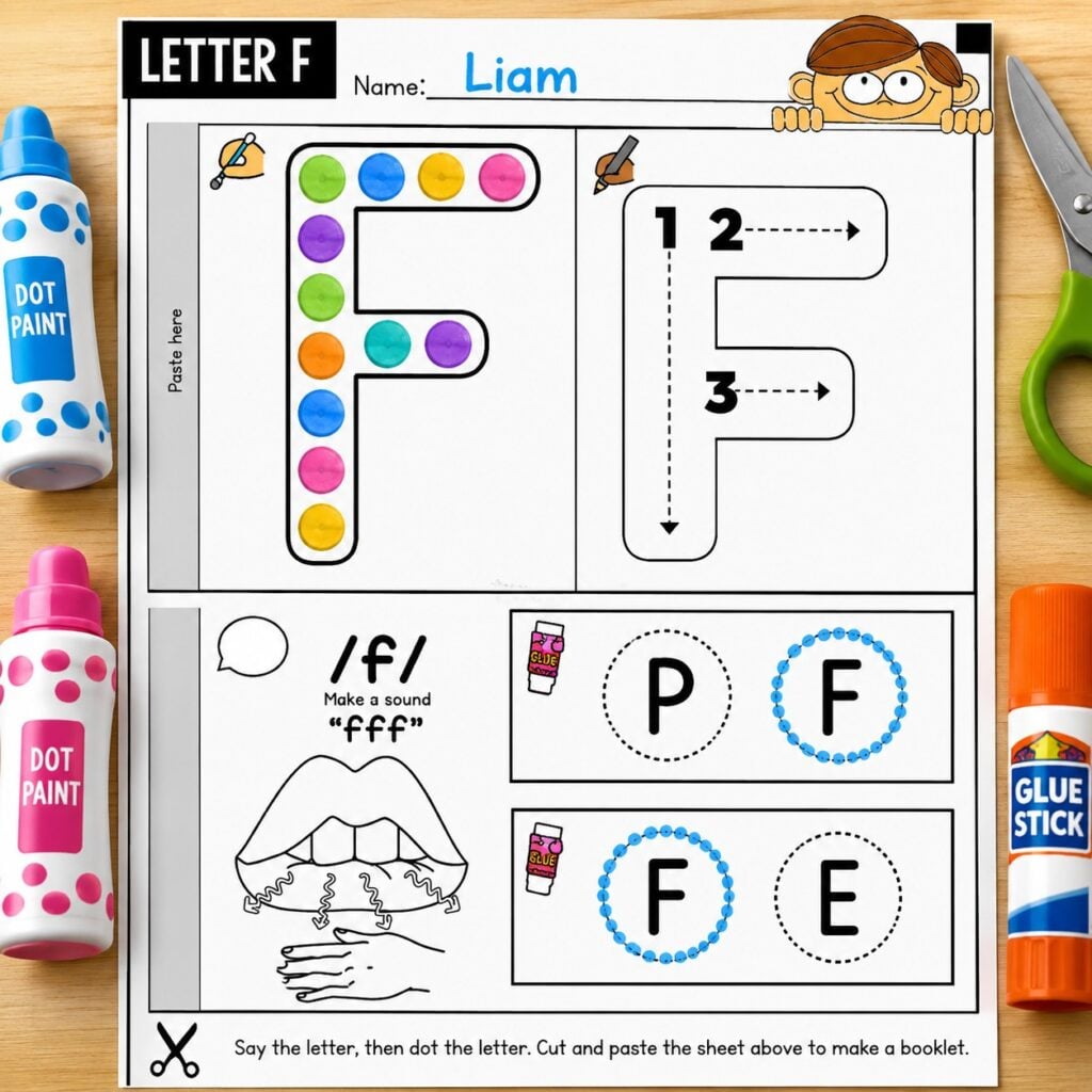 Hands on phonics activity with dot markers and visual mouth cues for letter sound recognition