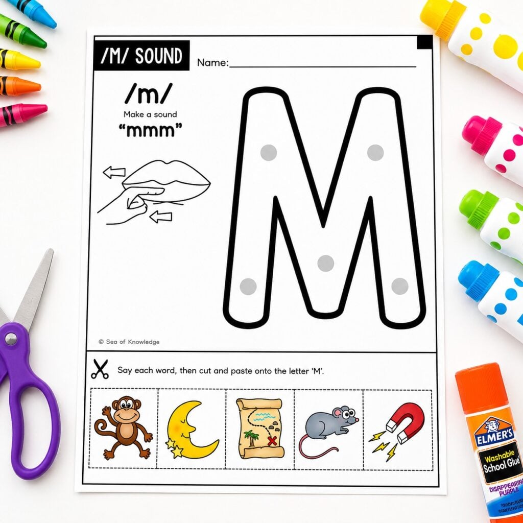 Beginning sounds worksheet with mouth cue support for speech therapy and special education