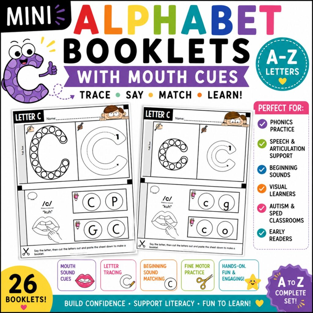 Alphabet mouth cue worksheet for autism classrooms and early literacy intervention