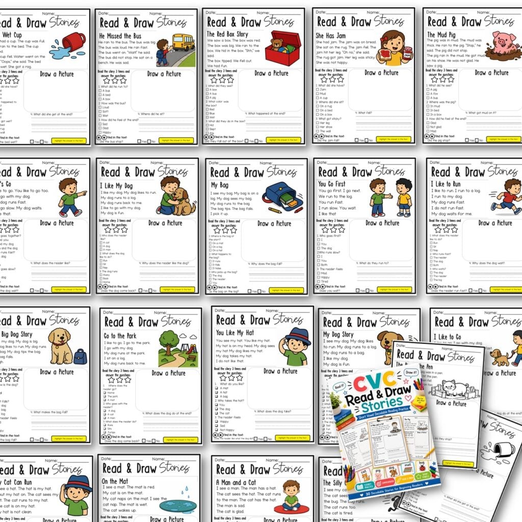 CVC word matching activity for kids
kindergarten literacy center printable
decodable CVC reading passages for beginners