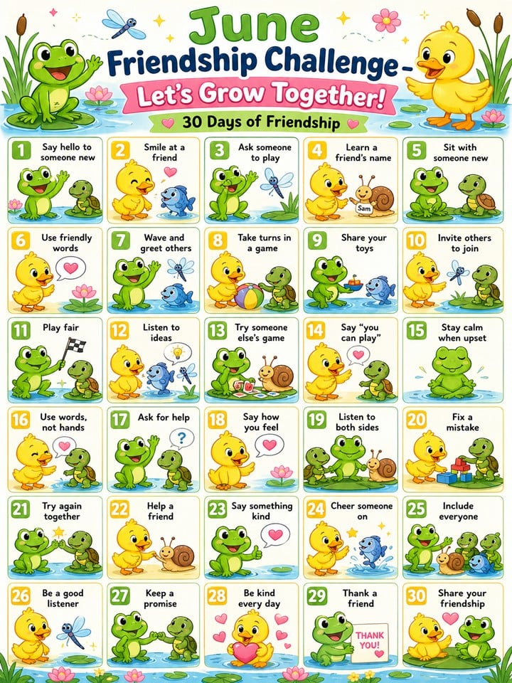 June Kindness Challenge for Kids (30 Day Friendship Challenge Printable)