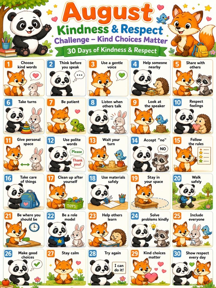Kindness calendar for kids with 30 simple daily activities to build social skills, empathy, and positive classroom behavior at school or home.