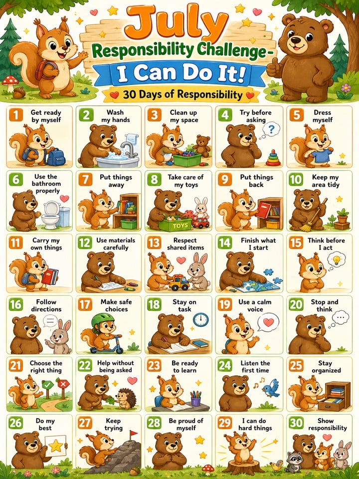 July Responsibility Challenge for Kids (30 Day Printable for Independence and Life Skills)