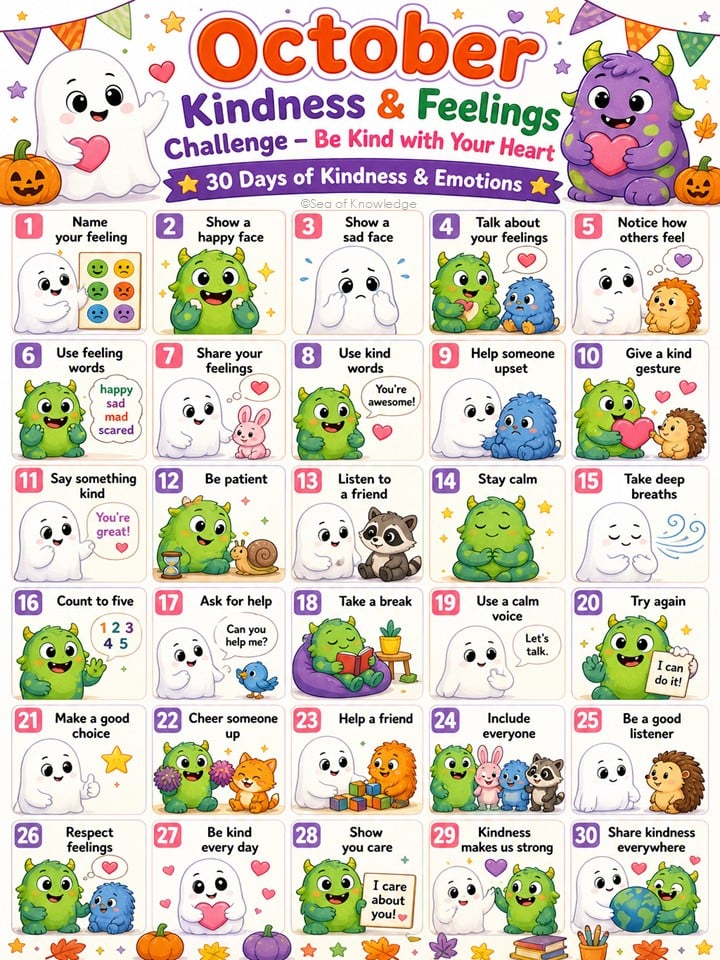 October kindness challenge for kids with 30 daily activities focused on emotions, kindness, and social emotional learning for elementary students.