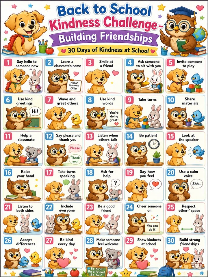 September kindness challenge for kindergarten with 30 simple back to school activities to build friendships, social skills, and positive classroom behavior.