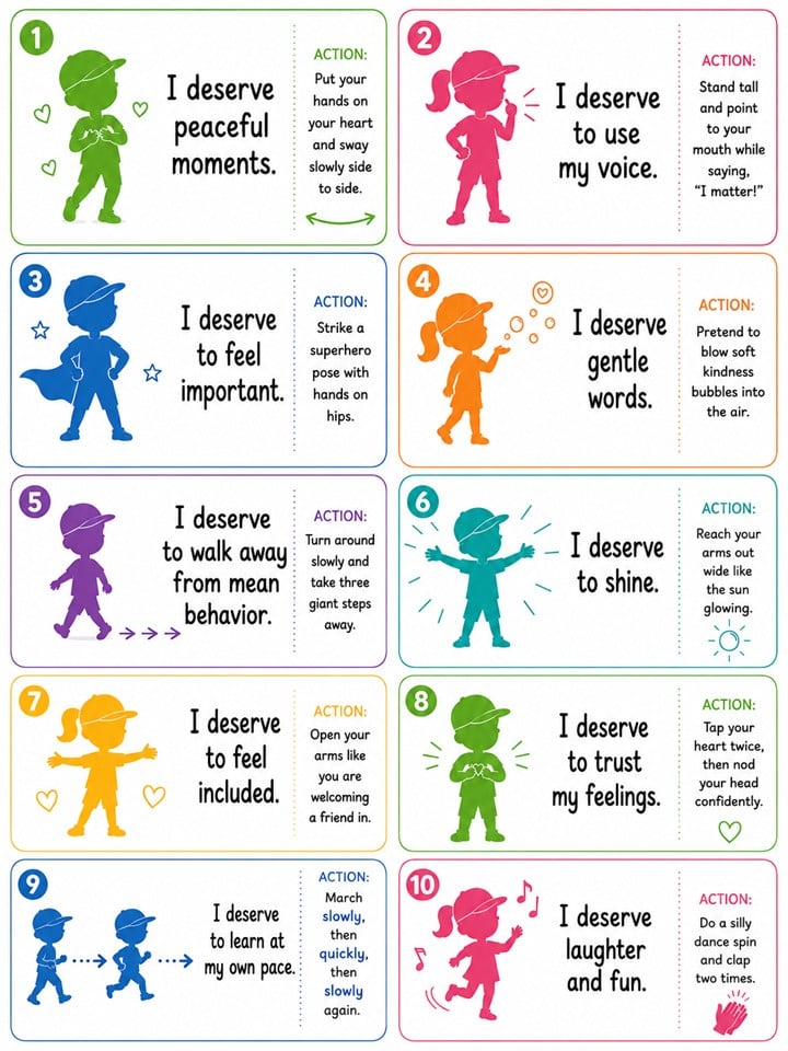 Grab these kids affirmation cards free printable pages featuring a kindness concert theme, SEL affirmations, colorful animal cards, and a fun I Spy coloring activity for emotional learning.