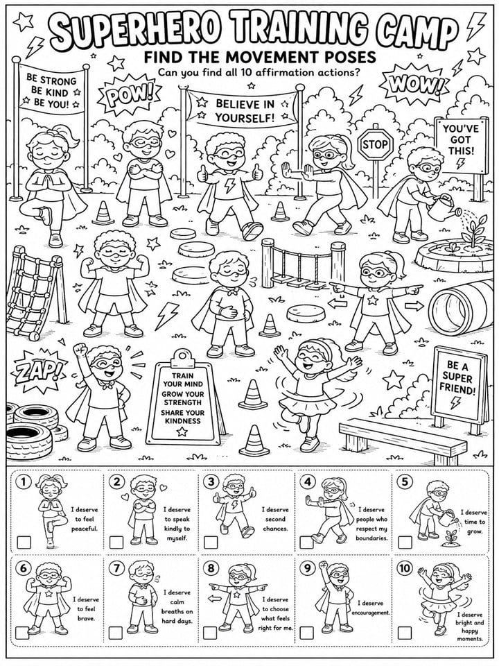 Grab these kids affirmation cards free printable pages featuring a kindness concert theme, SEL affirmations, colorful animal cards, and a fun I Spy coloring activity for emotional learning.