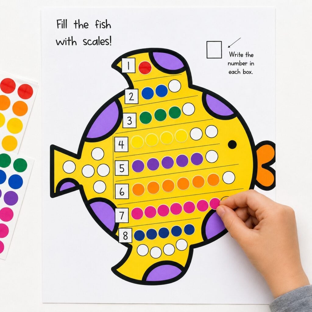 Hands on counting worksheet for kindergarten using dot stickers and fine motor practice