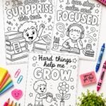 Black and white testing week coloring pages for grades 3 to 6 displayed in a classroom style mockup with colorful stationery and decor.