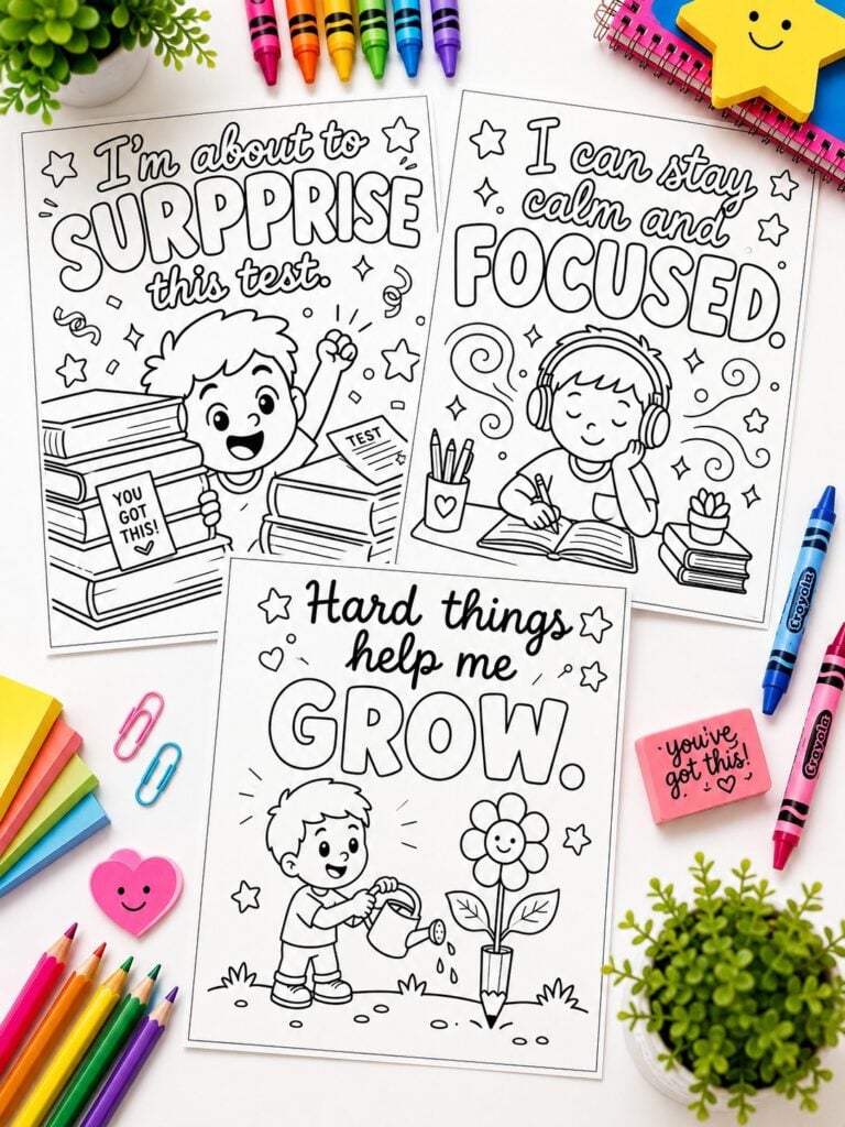Testing motivation coloring sheets featuring funny growth mindset quotes and calming student affirmations for testing week activities.
