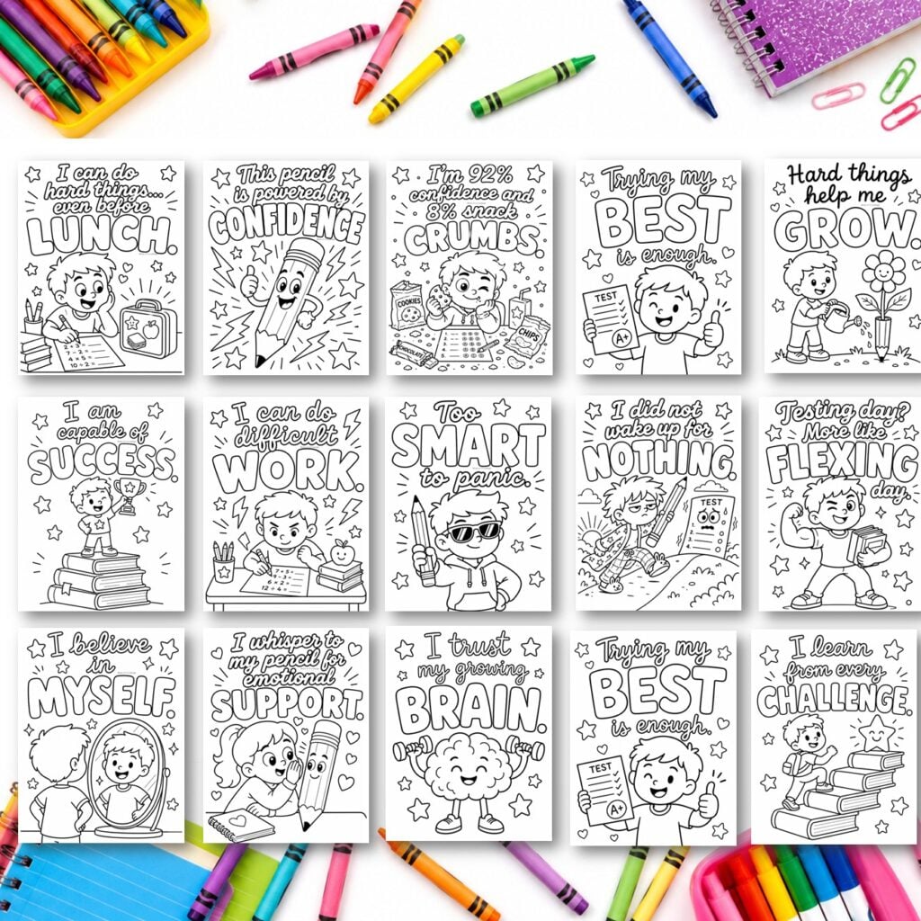 Black and white testing week coloring pages for grades 3 to 6 displayed in a classroom style mockup with colorful stationery and decor.