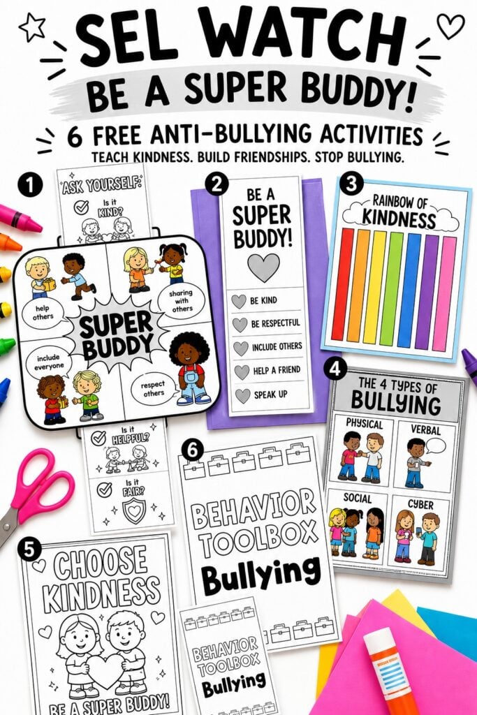 Super Buddy Watch anti bullying activities for kids printable SEL craft teaching kindness friendship and respect.