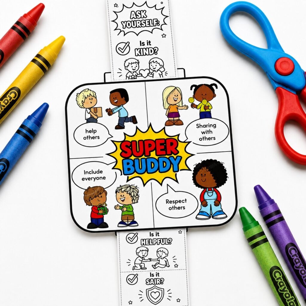 Anti bullying activities for kids featuring a wearable Super Buddy watch and kindness decision-making tool.