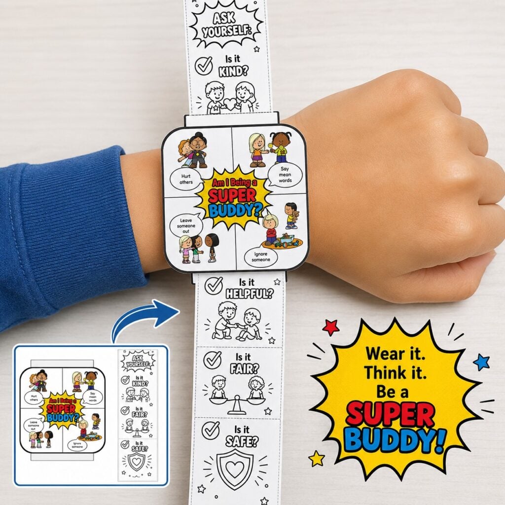 Free anti bullying crafts for elementary students including friendship watch, posters, and kindness activities.