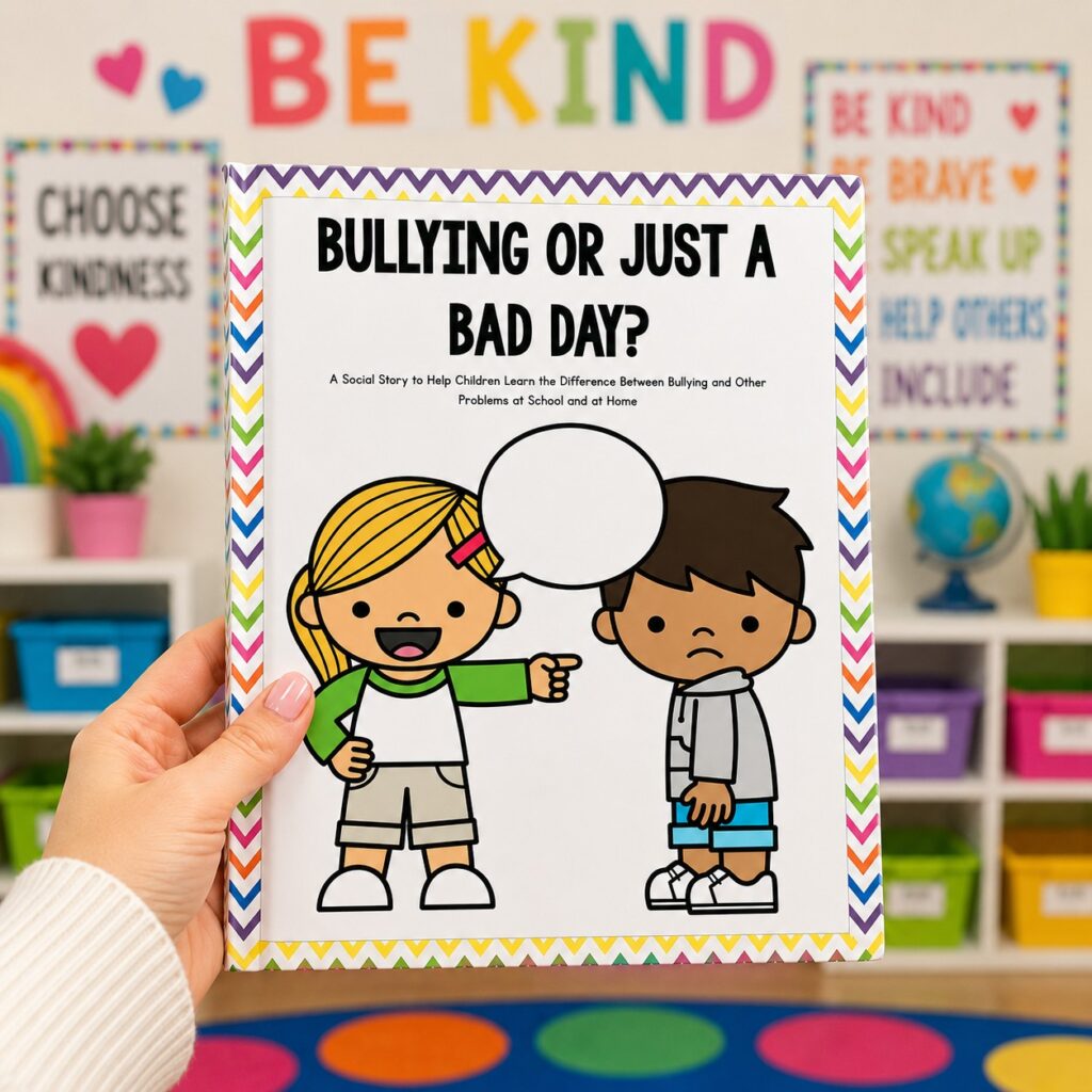 SEL bullying social story printable with discussion questions and classroom activities.