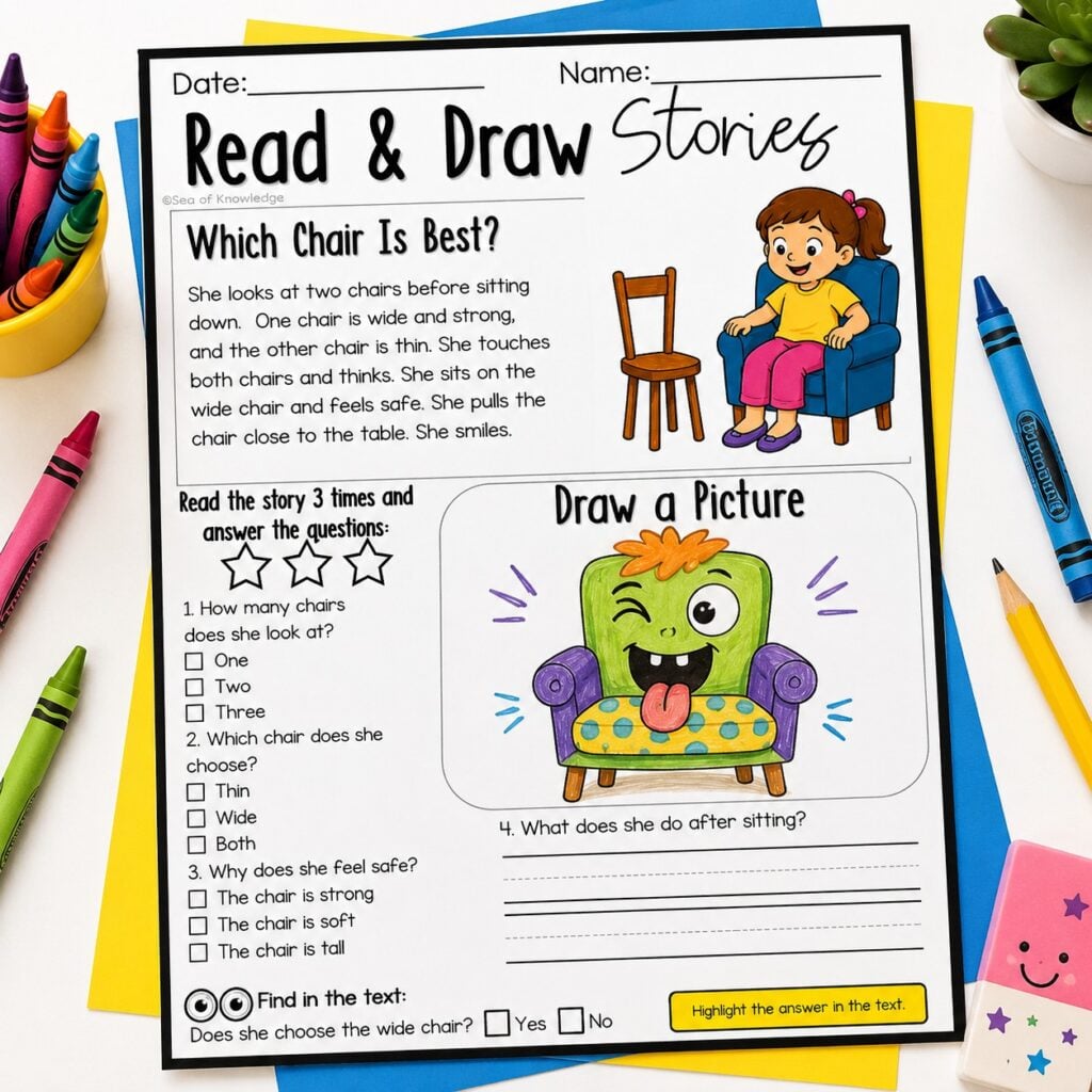 Printable CVC reading passages with draw a picture response activities for kindergarten