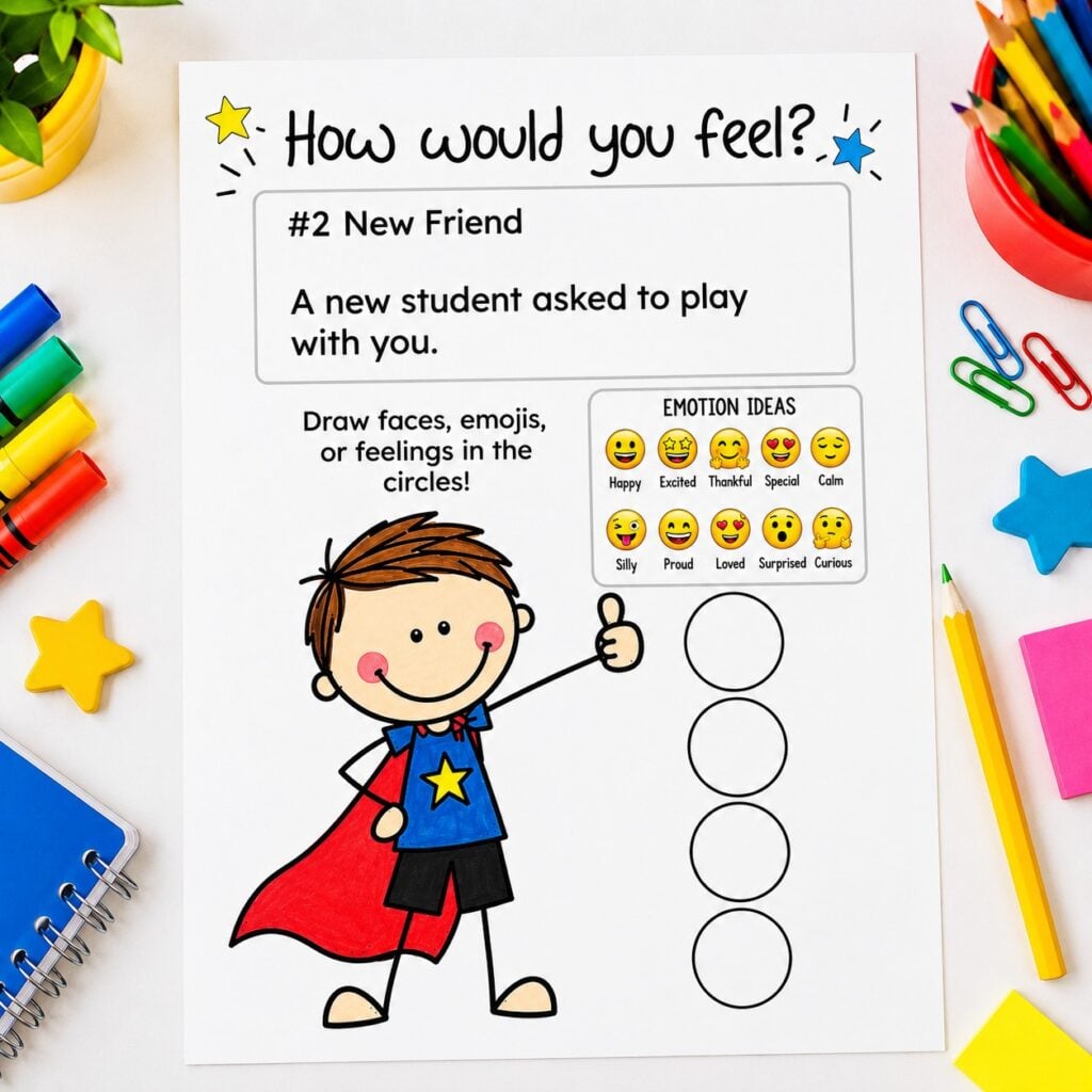 Printable SEL workbook pages supporting social skills development, emotional awareness, and kindness education for children.