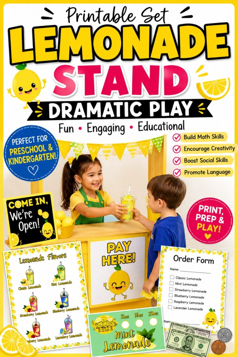 Struggling to keep preschoolers engaged this summer? This Lemonade Stand Dramatic Play Printable Set turns boredom into learning with fun pretend play, math, literacy, and social skills activities kids won't want to stop playing.