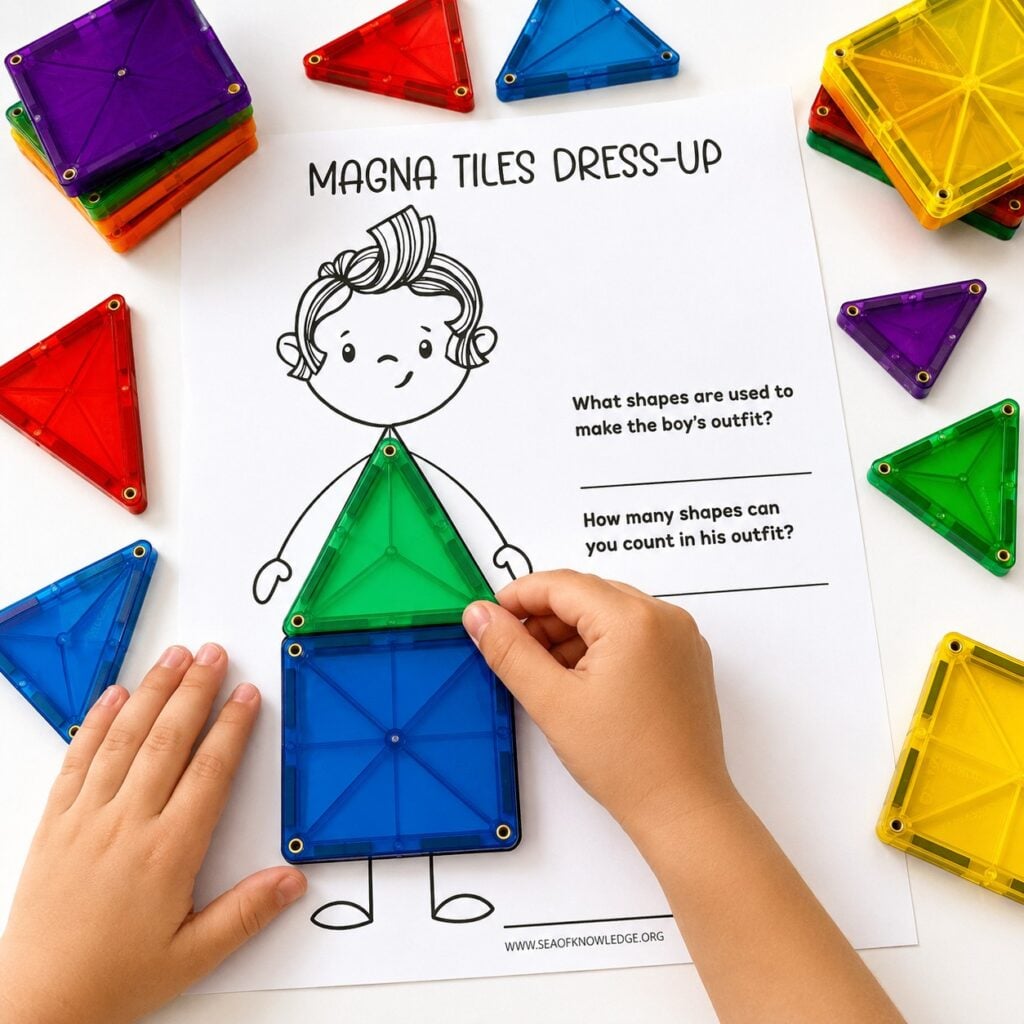 preschool STEM building activity with magnetic tiles