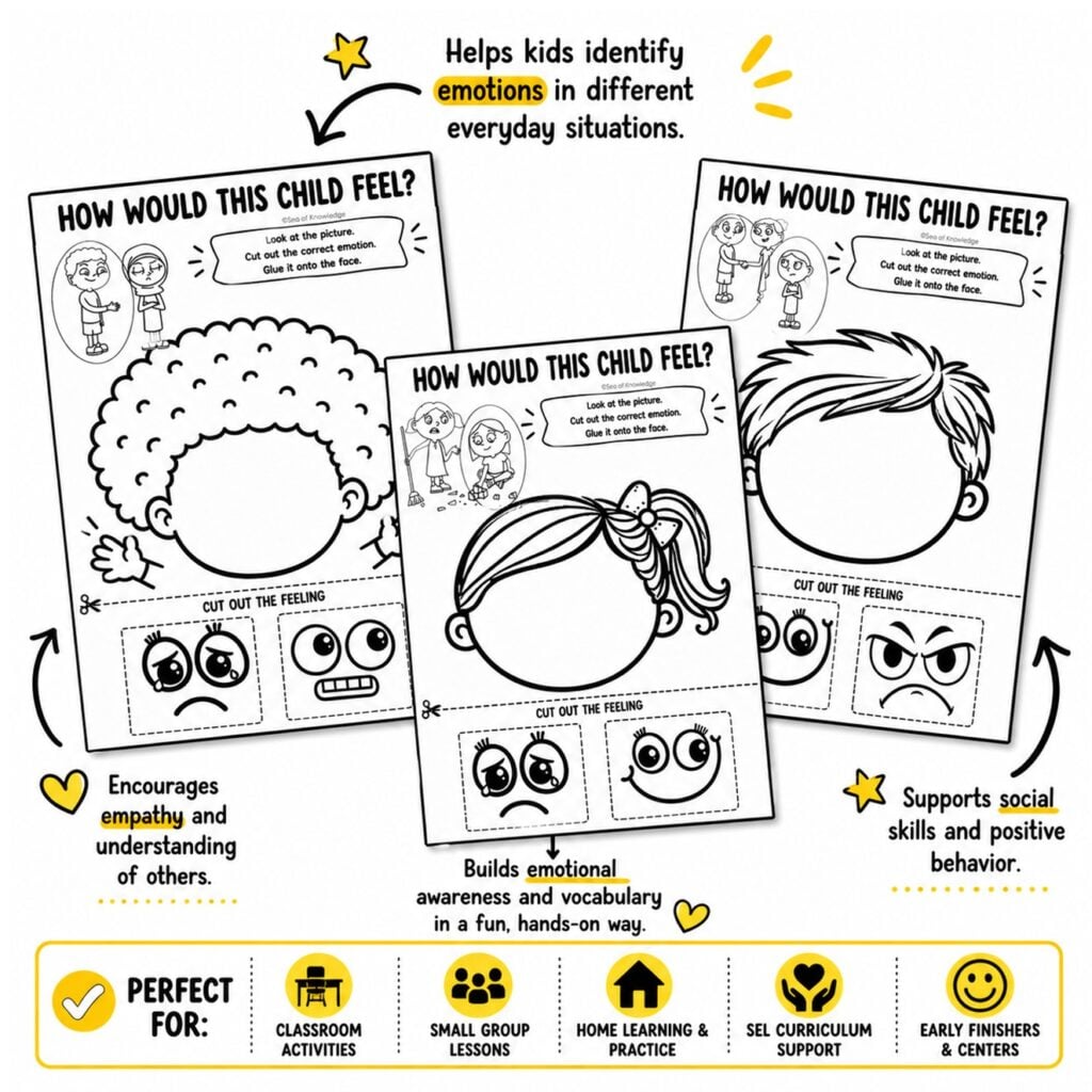 Feelings and emotions worksheet helping kindergarten students identify emotions and practice empathy skills.