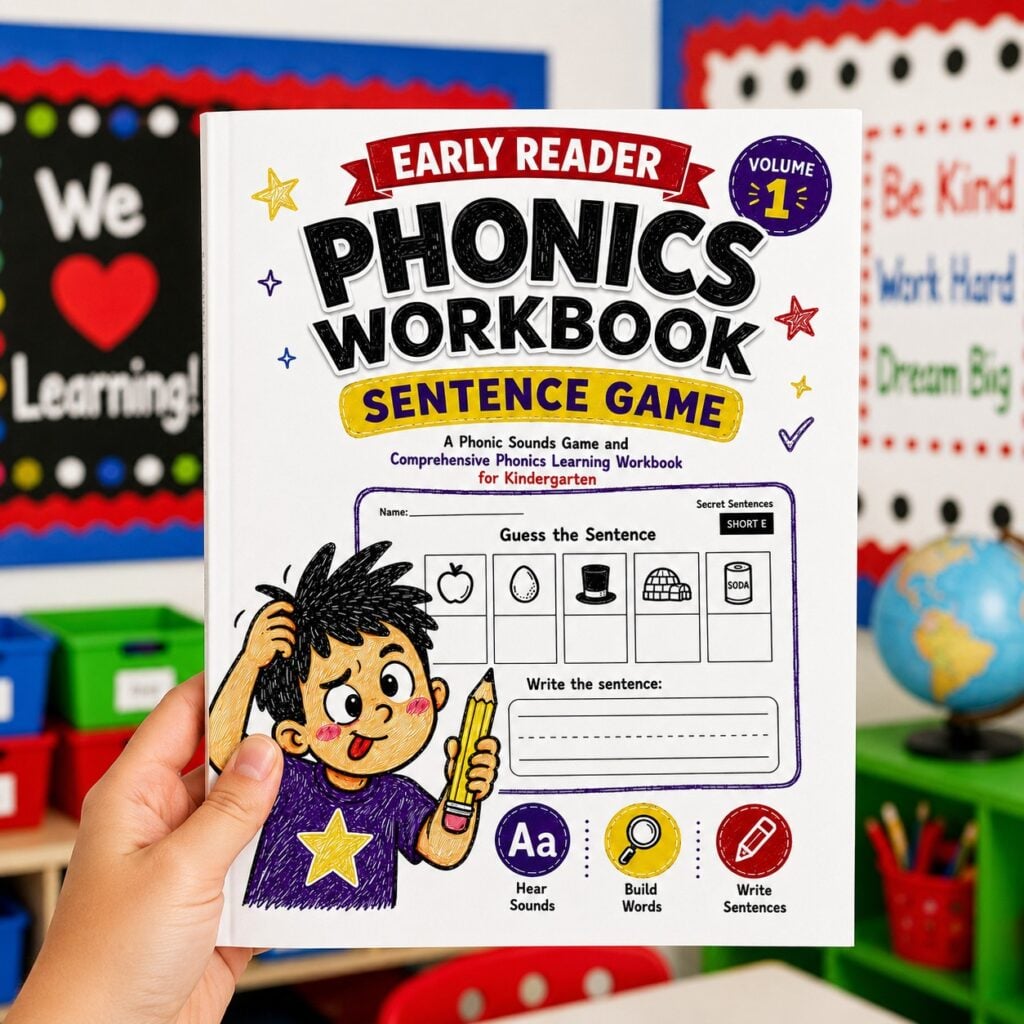 Short vowel games printable phonics workbook with sentence building activity for kindergarten readers