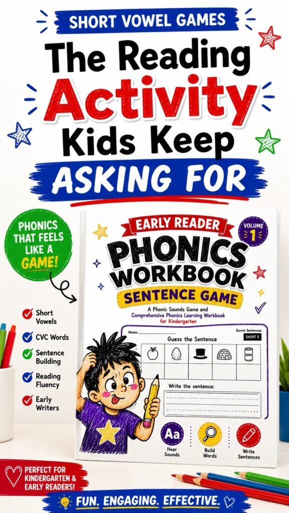 CVC phonics sentence game workbook for kindergarten students learning short vowel sounds and early reading skills