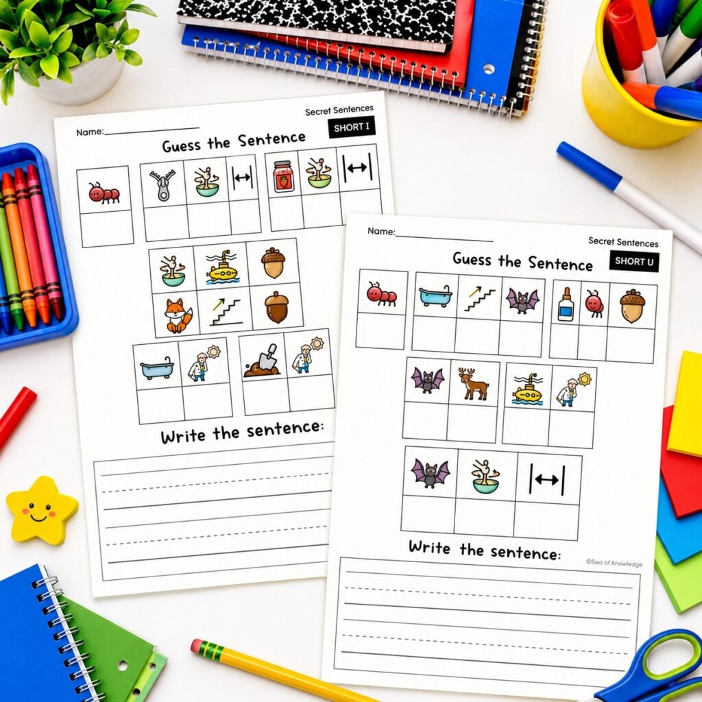 Short vowel games printable phonics workbook with sentence building activity for kindergarten readers