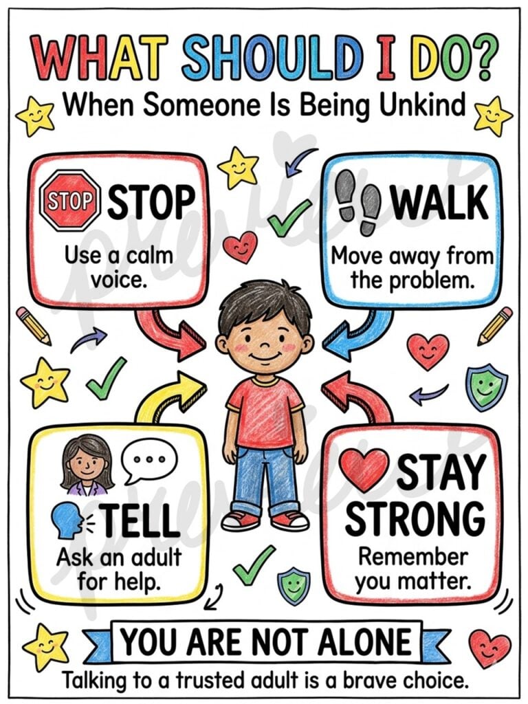 SEL bullying prevention poster for classrooms teaching students how to recognize bullying and ask trusted adults for help.