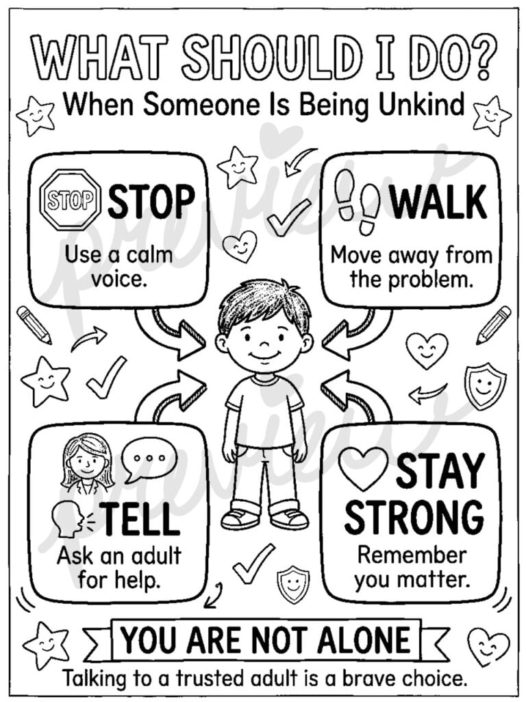SEL bullying prevention poster for classrooms teaching students how to recognize bullying and ask trusted adults for help.